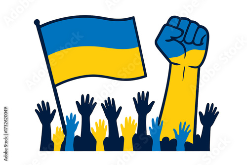 Stand with Ukraine banner. Crowd with hands up and raised fist at a rally. Support Ukraine, protest against war and conflict. Ukrainian flag colors. Vector concept illustration