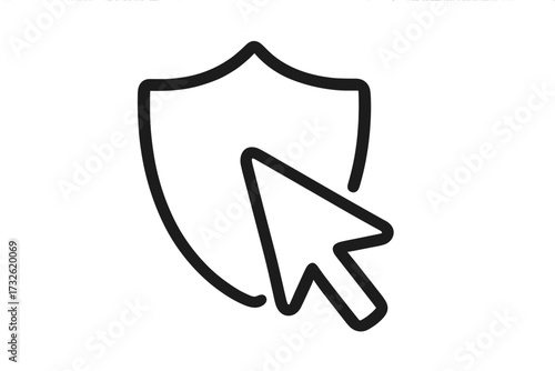 Safe click cursor and shield icon. Concept of internet security, data protection, and online safety. Vector outline symbol for antivirus, firewall, and secure browsing.