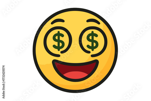 Money-eyed emoticon vector. Cute smiley emoji with dollar signs. Concept for wealth, success, profit, greed, rich. Business and finance icon. Cartoon face character hypnotized by money.