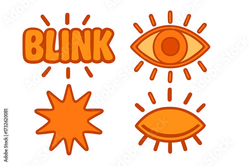 Blink concept vector illustration set. Retro 70s style open and winking eye icons. Groovy pop art typography and sparkle star. Orange comic sticker pack for graphic design.