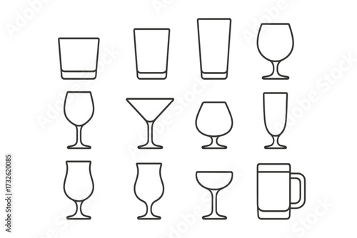 Vector line icon set of drinking glasses. Glassware collection for bar menu design. Alcohol, cocktails, wine, beer, whiskey, water glasses. Editable stroke thin line icons.