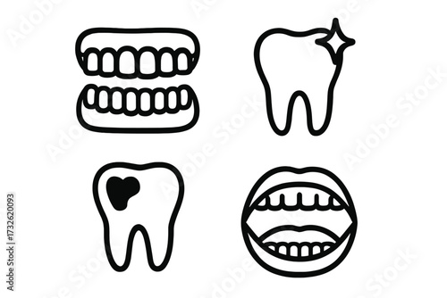 Dental care icon set. Dentistry line symbols collection. Oral hygiene, healthy smile, tooth decay, caries, dentures, open mouth. Vector illustration for web, clinic, app.