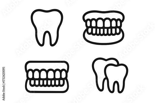 Tooth and dentition icon set. Simple line art symbols for dental care, oral hygiene, and dentistry. Vector illustration of teeth, jaw, and molar for web and mobile apps.