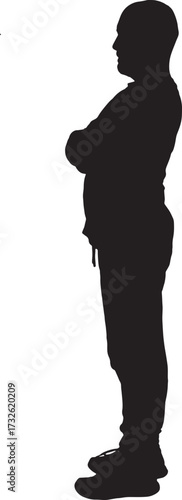 vector, silhouette of a side view of a  man standing dressed in sportswear, arms crossed