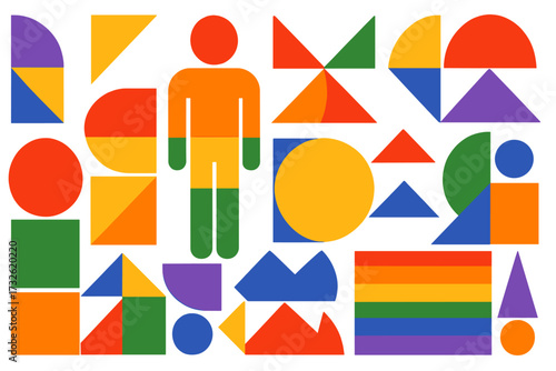 Bauhaus Pride month vector background with geometric shapes. Abstract retro pattern design with human figure. LGBTQ community concept for web banner. Colorful minimal graphic.