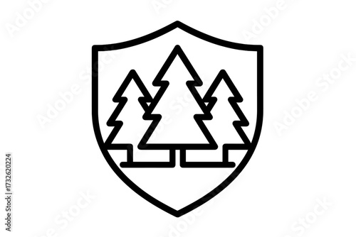 Forest protection shield icon. Pine tree emblem for conservation and security. Nature safety logo. Eco friendly vector symbol. National park and outdoor adventure badge.
