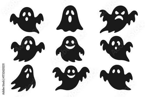 Ghost icon set. Halloween monster collection. Spooky character silhouettes. Cute and scary phantom expressions. Funny boo spirit vector graphics for trick or treat design.