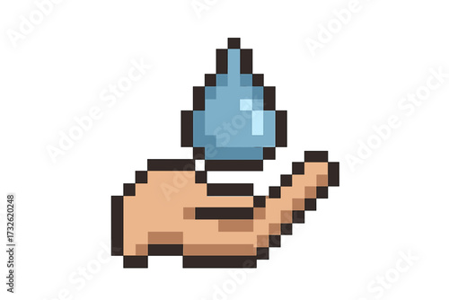 Pixel art icon with hand holding a water drop. Concept for saving water, environment conservation, charity, and natural resources. 8-bit retro video game style vector element.
