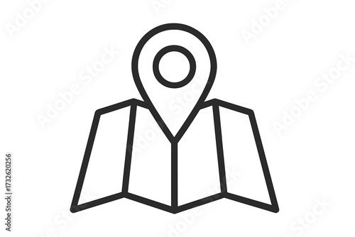 Map location pin icon. Vector line art symbol for navigation, GPS, and destination. Folded paper map with a pointer mark for travel, direction, place finding, and tourism.