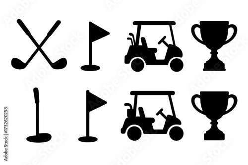 Golf equipment icon set silhouette. Vector collection of golf symbols, clubs, flag, cart, trophy cup. Graphic elements for sport design, tournament, championship. Isolated.