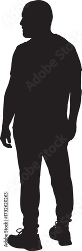 vector,silhouette of a side back view of a  man standing dressed in sportswear, looking away