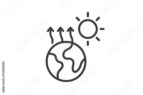 Global warming line icon. Climate change concept. Planet earth heating, greenhouse effect metaphor. Sun and hot planet. Ecology and environment disaster symbol. Thin vector icon.