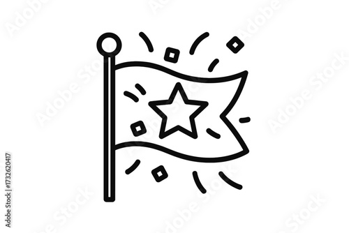 Celebration flag icon with star and confetti. Symbol of victory, success, achievement, and winning. Quality mark vector. Event party logo. Best choice award. Outline design.