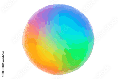 Abstract iridescent circle with colorful gradient and grain texture. Modern blurred mesh blob with noise effect. Vibrant rainbow aura design element on a white background.