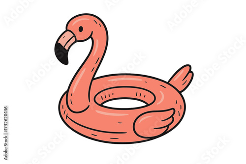 Inflatable flamingo swimming pool ring. Pink bird float for summer vacation. Tropical water fun toy. Pool party accessory. Rubber buoy for kids and adults. Isolated vector illustration.