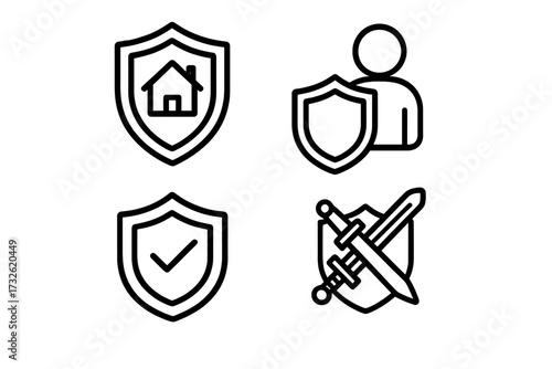 Insurance and protection outline icon set. Home security, personal safety, and defense concepts. Vector symbols for warranty, guard, and data privacy. Editable stroke.