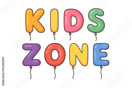 Kids Zone vector lettering made of helium balloon shapes. Flat hand-drawn cartoon alphabet for fun party decoration. Colorful typography for birthday, playroom, or celebration.