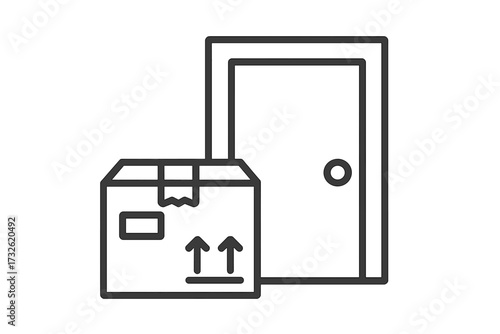 Contactless package delivery icon. Parcel at front door. Home shipping service concept. Box delivered to house entrance. E-commerce order symbol. Online shopping purchase.