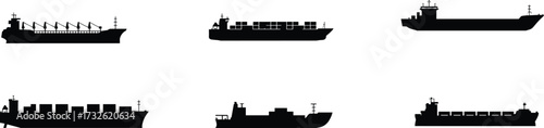 Cargo ship silhouettes, container vessel, bulk carrier, oil tanker, maritime transport, global trade, shipping industry, ocean freight, commercial vessel illustration