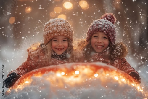 young girls playing in the snow with a lit candle.