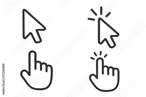 Computer mouse cursor pointer and hand clicking icon set. Vector line art illustration for web design. Click symbol, select button, and press gesture for UI and UX design.
