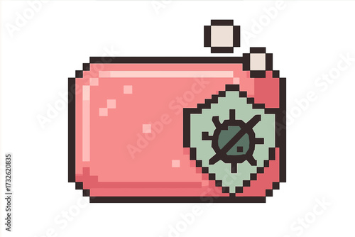 Pixel art soap dispenser icon. 8-bit hand sanitizer. Antiseptic gel for hygiene. Concept of cleanliness, hand washing, protection against viruses, germs, and bacteria.