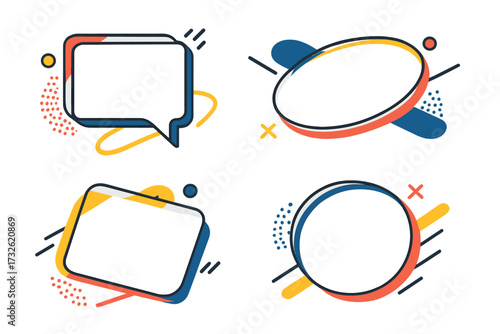 Set of modern abstract text boxes for quotes. Vector graphic design elements. Collection of colorful geometric frames, banners and speech bubble for text. Memphis style shapes.