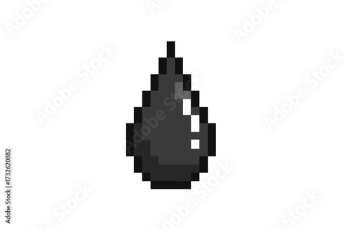 Oil drop pixel art icon. 8-bit liquid droplet symbol for retro video games. Vector illustration of a shiny black petroleum or fuel drip. Isolated graphic element for design.