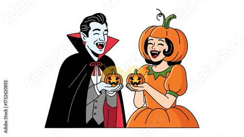Halloween Couple in Celebration: A playful and festive scene showcasing a couple dressed in Halloween costumes. The vampire and pumpkin-clad figures smile and hold tiny pumpkins.