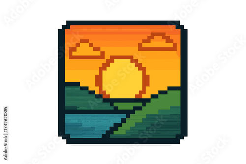 Pixel art sunset landscape. 8-bit retro video game style icon. Sun rising over mountains and a lake. Vector illustration for travel or gaming. Beautiful nature scenery.