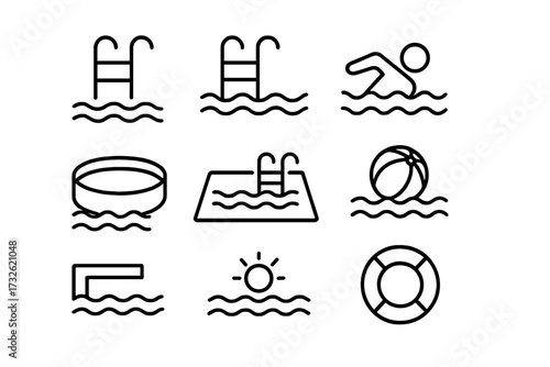 Swimming pool line icon set. Summer vacation and water sport symbols. Minimalistic linear pictogram for web, graphic design, apps. Vector swimmer, ball, lifebuoy illustration.