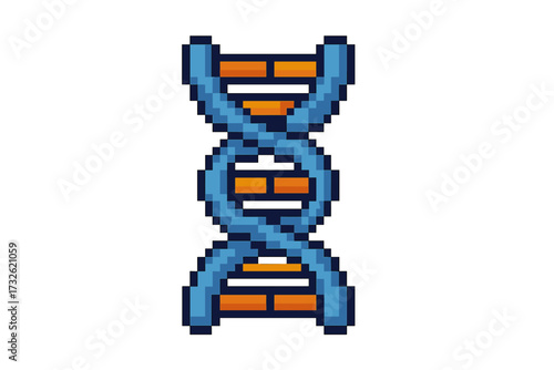 DNA strand pixel art icon. 8-bit retro video game style genetics symbol. Biology science molecule helix structure. Genetic chromosome evolution biotechnology research vector illustration.