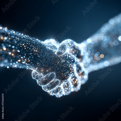 Digital handshake forming with luminous particles against a dark backdrop
