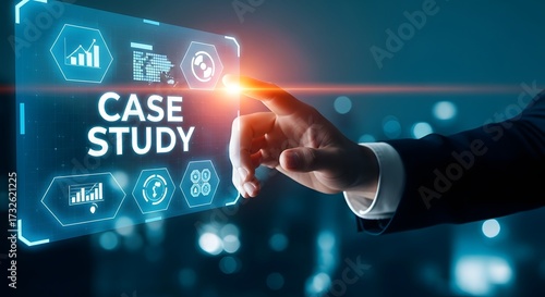 Business professional interacting with a digital case study interface on a futuristic screen