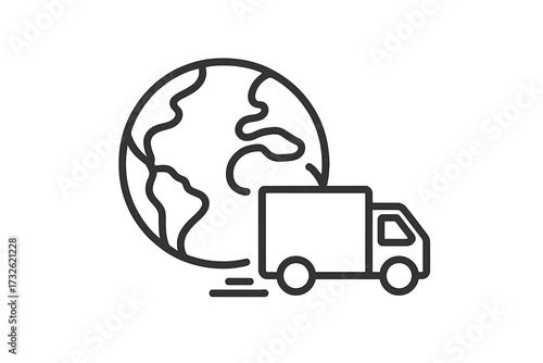 Minimalistic global delivery truck icon with Earth planet, fast shipping symbol for web, apps, banners, social media, logistics, worldwide transport concept