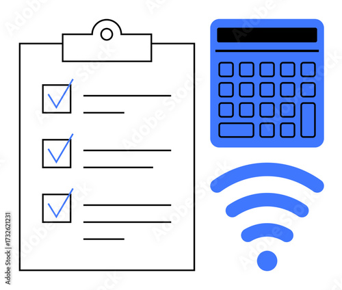 Clipboard with checklist, calculator, and wireless signal represents productivity, remote management, and online work. Ideal for organization, technology, finance, planning tasks connectivity