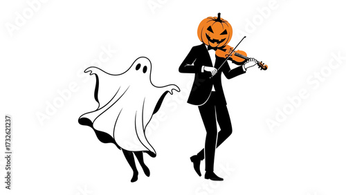 Halloween Serenade: A whimsical illustration of a pumpkin-headed figure playing the violin, accompanied by a dancing ghost, creates a spirited Halloween scene.