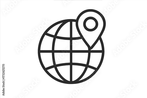 Location pointer icon vector, globe with map marker, linear navigation symbol, world map pin, global position marker, navigation interface, travel and GPS concept
