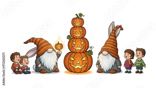 Happy Halloween Scene with Gnomes and Pumpkins: A whimsical, friendly Halloween scene features two adorable gnomes and two kids.
