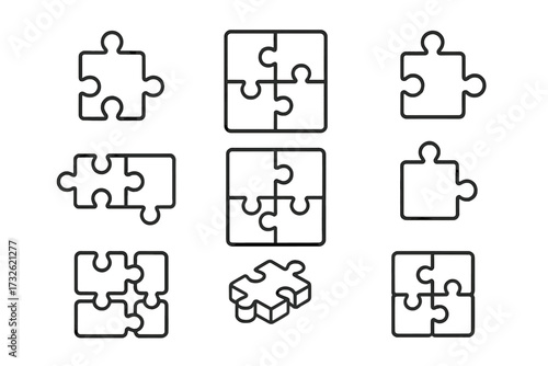 Puzzle outline icon collection with editable stroke, perfect for infographics, articles, books, flyers, and banners, vector cartoon illustration with transparent background, jigsaw pieces set