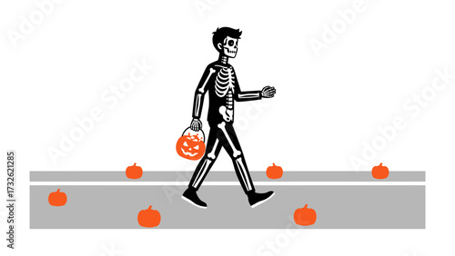 Halloween Stroll: A cheerful young boy dressed as a skeleton, gleefully trick-or-treating, his path dotted with cheerful pumpkins.