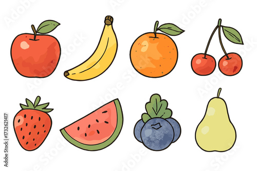 Set of 8 hand drawn watercolor fruit doodles with transparent background, vector icons collection, apple, banana, orange, cherry, strawberry, watermelon, blueberry, pear illustrations for design