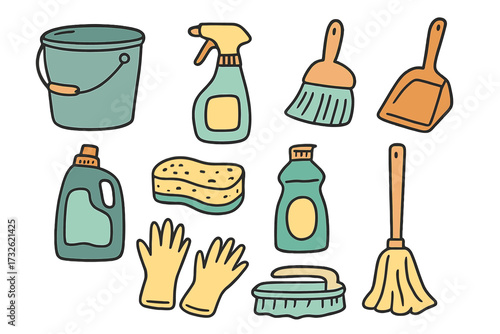 Hand-drawn household cleaning supplies set with bucket, spray bottle, sponge, brush, gloves, detergent bottles and mop, flat style vector illustrations for cleaning tools and hygiene concept
