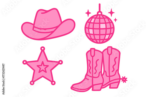 Wild West Cowgirl Accessories Set with Pink Cowboy Hat, Boots, Sheriff Badge, and Disco Ball in Bright Pink Contour Style, Feminine Barbiecore Fashion Elements