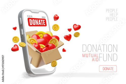 Donation and charity 3D vector design, smartphone screen with donate website, cardboard box full of hearts and coins