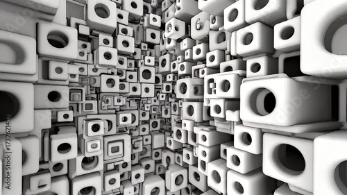 Cubes with holes, a dense monochrome 3D rendering, varied sizes diminishing into the background depth perspective