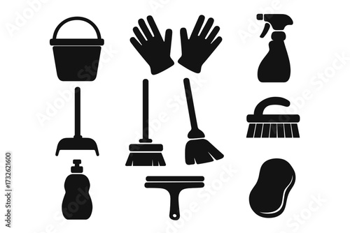 Silhouette set of essential cleaning tools icons for household chores, vector cartoon illustration, includes bucket, gloves, mop, broom, spray bottle, sponge, brush, and soap dispenser