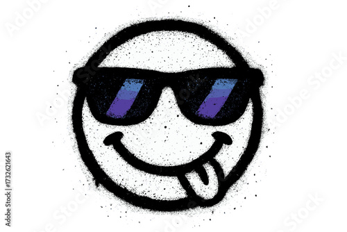 Cool graffiti smiley face with tongue out and retro 90s sunglasses, spray paint stencil art isolated on white background, urban street style emoticon, grunge expression