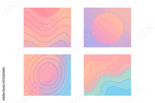 Soft color gradient abstract artwork set with flowing lines and circle shapes, aesthetic poster templates for framed prints, web covers, modern graphic design backgrounds