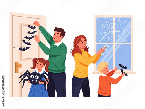 Halloween Decorations: Family transforms home for Halloween, adorning the front door and window with thematic decor, celebrating the spooky season with festive fun and togetherness.